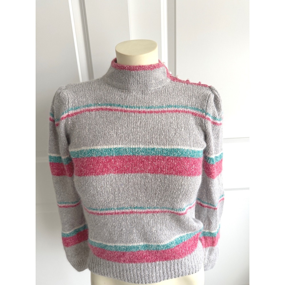 Vintage Heidi Grey Striped Mock Neck Sweater Pearl Button Puff Sleeve Small
